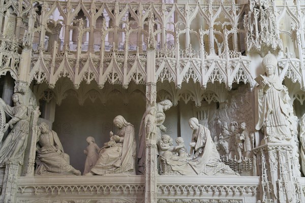 Stone sculptures Scenes from the Life of Jesus and Mary on the choir screen of Notre Dame of Chartres Cathedral