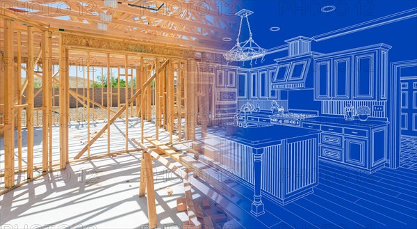 House construction framing gradating into kitchen design blueprint drawing