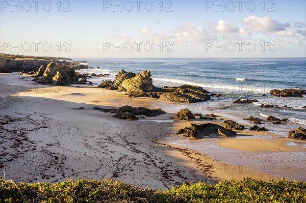 Beautiful landscape and seascape with rock formation in Samoqueira Beach