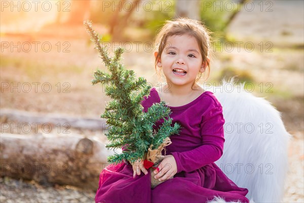 Cute mixed-race young baby girl holding small christmas tree outdoors