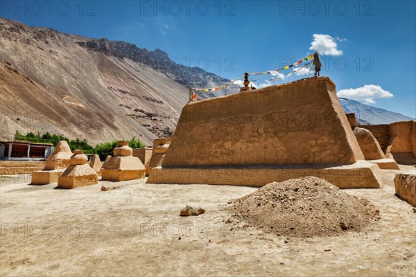 Tabo monastery of Tibetan Buddhist Gelug sect made of clay in Tabo village. Monastery is built on high Himalaya plato in tradition of Tibetan Buddhism. Tabo