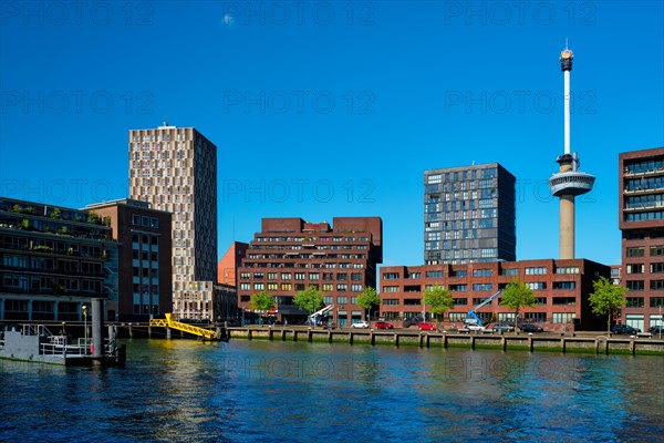 Rotterdam cityscape with Euromast observation tower and Nieuwe Maas river. Rotterdam