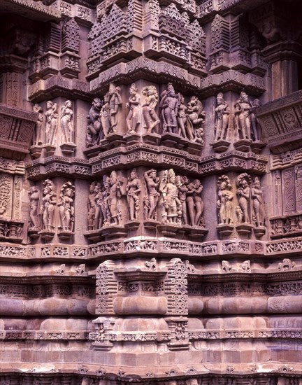 Sculptures on the exterior of the temple walls in Khajuraho