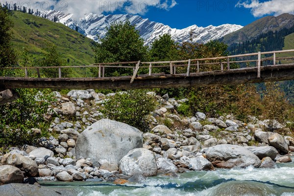 Bridge over Beas River in Himalayas near Manali. Kullu Valley