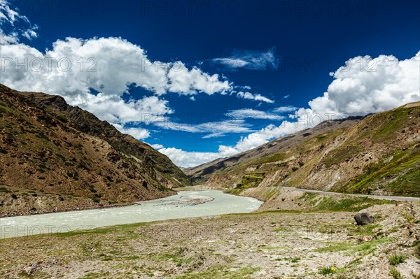 Chandra river in Lahaul valley in Himalayas