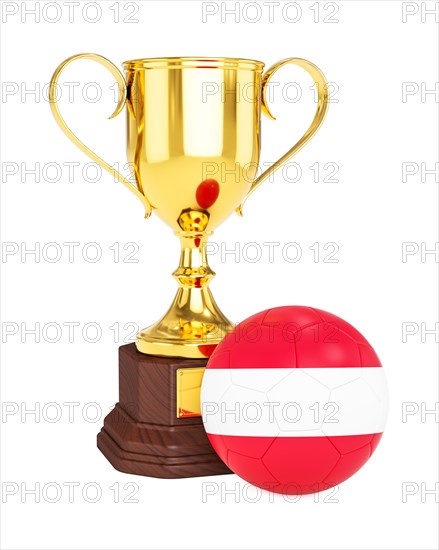 3d rendering of gold trophy cup and soccer football ball with Austria flag isolated on white background