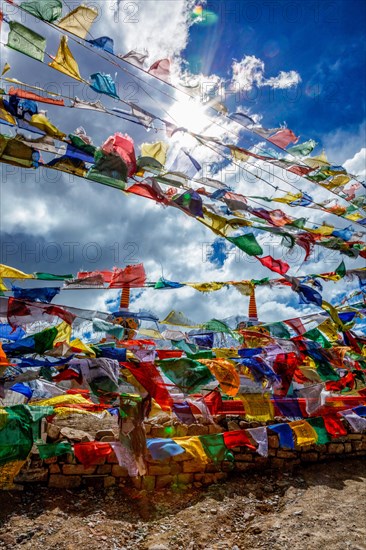 Prayer flags with Buddhist mantra on them at high Kunzum La pass