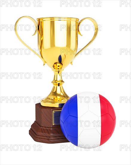 3d rendering of gold trophy cup and soccer football ball with France flag isolated on white background