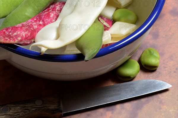 Assorted garden beans in bowl and kitchen knife