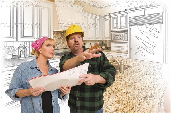 Contractor talking with customer over custom kitchen drawing and photo combination