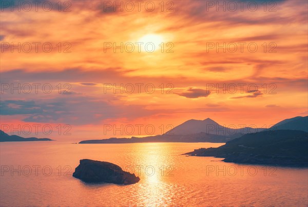 Aegean Sea with Greek islands view on sunset