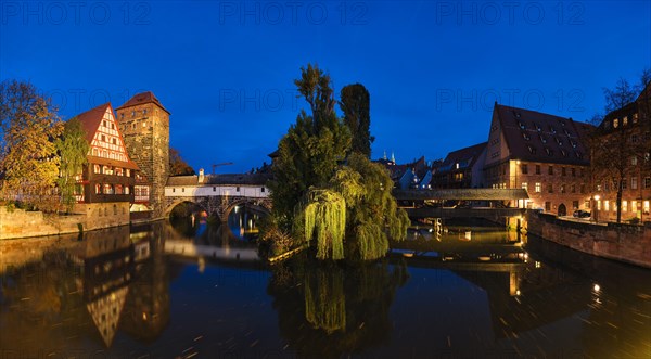 Nuremberg city houses on riverside of Pegnitz river from Maxbrucke