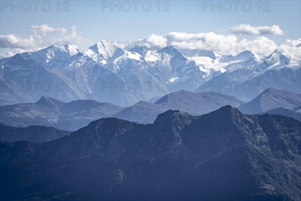 Snow-covered mountain peaks on the main ridge of the Alps