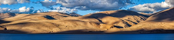 Panorama of Himalayan mountain lake Tso Moriri in Himalayas. Korzok