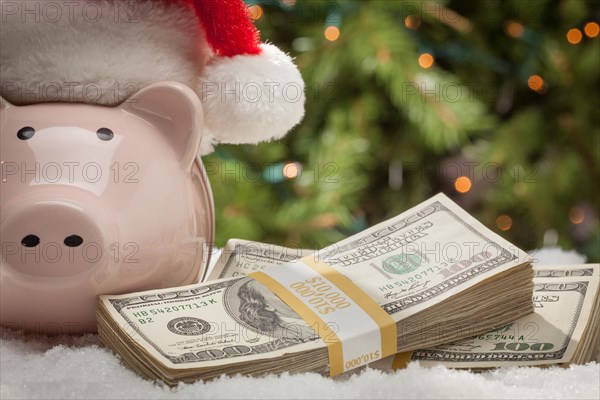 Piggy bank wearing santa hat near stacks of hundred dollar bills on snowflakes