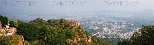 Aerial panorama of Udaipur with Lake Pichola and hills scenery