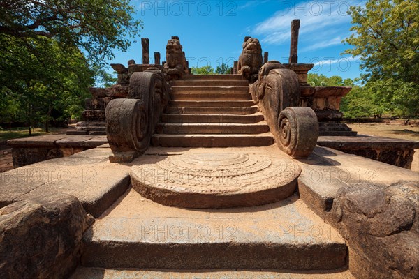 Stairway of Audience Hall of King Parakramabahu ruins in Royal Palace group in ancient city Pollonaruwa