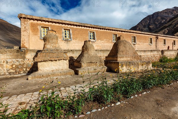 Buddhist Tabo monastery building and gompas made of clay in Tabo village Spiti Valley