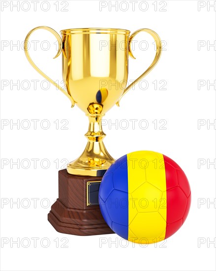 3d rendering of gold trophy cup and soccer football ball with Romania flag isolated on white background