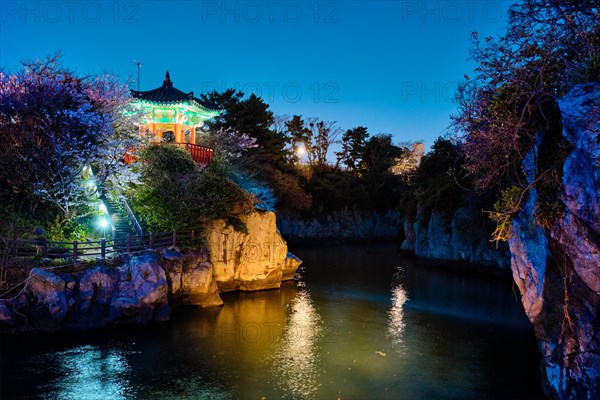 Scenic Yongyeon Pond with Yongyeon Pavilion illuminated at night
