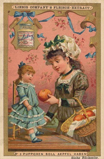 Picture series Girl playing with a doll: Puppet should have apples
