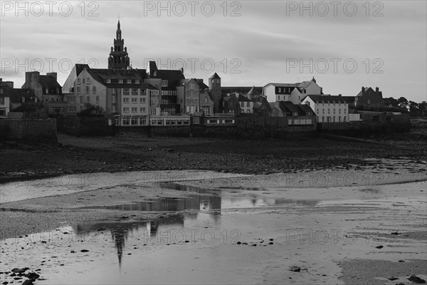 Old town of Roscoff with church Notre-Dame-de-Croaz-Batz at low tide