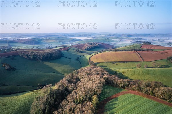 Fields and Meadows in the fog over English Village