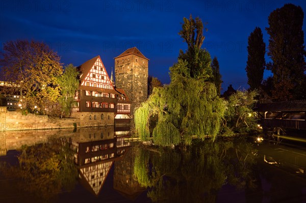 Nuremberg city houses on riverside of Pegnitz river from Maxbrucke