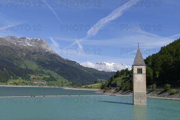 Old church spire of Graun in Reschensee