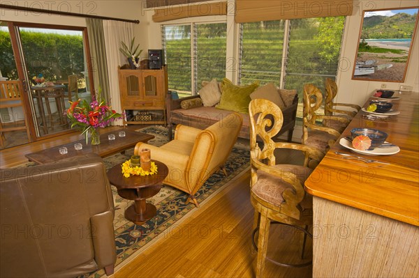 Tropical living-room and wood counter