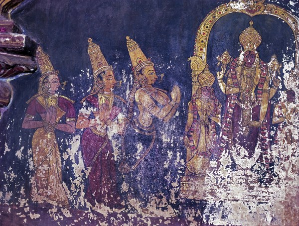 Murals in Varadaraja Perumal temple wall in Kancheepuram Tamil Nadu