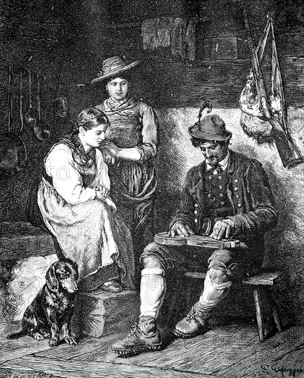 Hunter playing the zither for his wife in an alpine hut