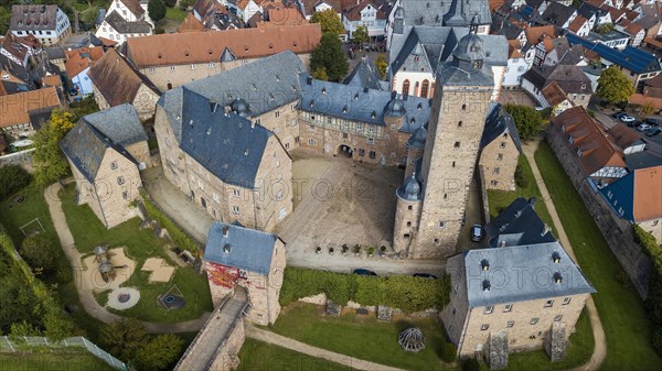 Aerial view of Steinau Castle with historic castle courtyard in the middle