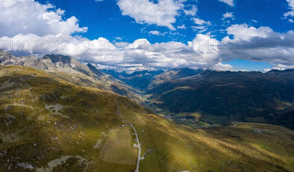 Aerial view over the Ochsenalp in the direction of the Urseren valley