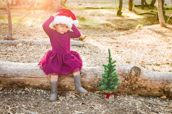 Cute mixed-race young baby girl having fun with santa hat and christmas tree outdoors on log