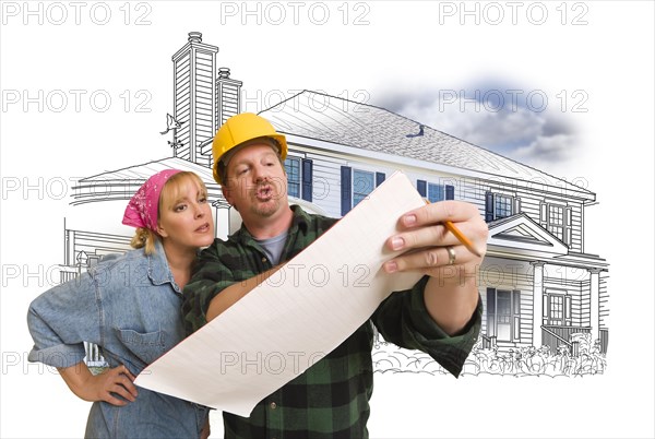 Woman talking with contractor over house drawing and photo combination on white