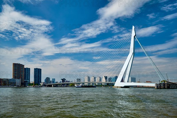 View of Rotterdam skyline over Nieuwe Maas with Erasmusbrug bridge and skyscrapers with cargo ships barge coming under the bridge