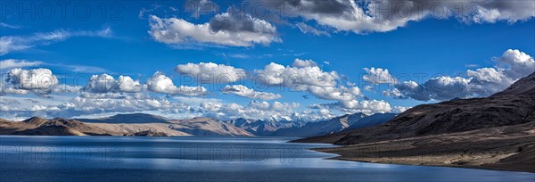 Panorama of Himalayan mountain lake Tso Moriri in Himalayas. Korzok