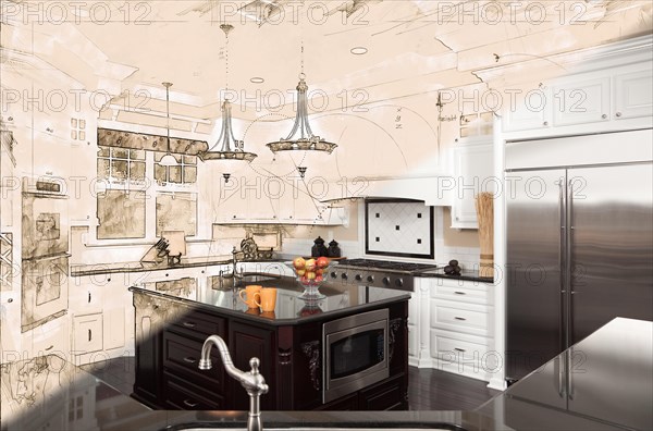 Beautiful custom kitchen design drawing cross section into finished photograph