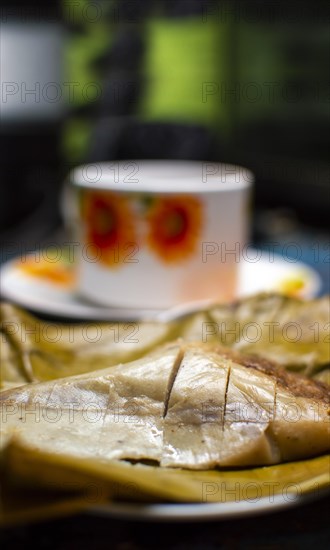 Stuffed tamale served on wooden table