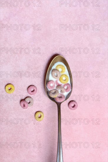 Fruit-flavoured cereal rings in spoon