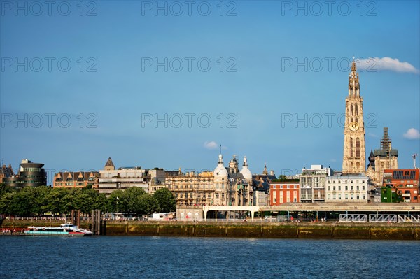 View of Antwerp over the River Scheldt with Cathedral of Our Lady Onze-Lieve-Vrouwekathedraal Antwerpen