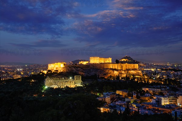 Parthenon Temple and Amphiteater are the antique iconic greek tourist landmark at the Acropolis of Athens and ancient European civilization architecture