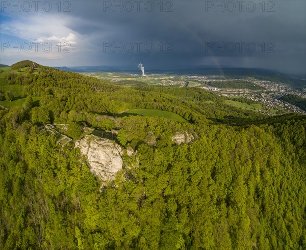 Passing thunderstorm with rainbow