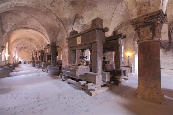 Lay refectory with historic wine presses at the UNESCO Eberbach Monastery in Eltville