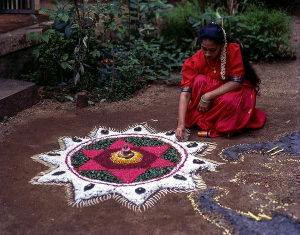 Onam pookkalam or athapookalam during Onam festival in Kerala