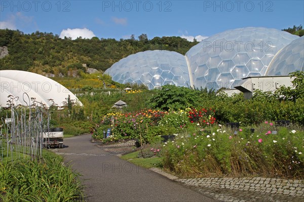 View of the flower beds and the outside of the biomes