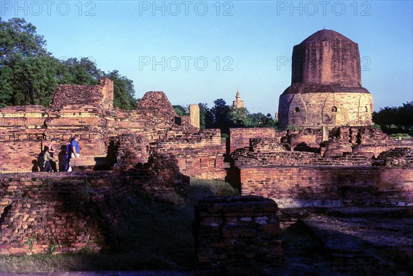 Excavated old ruins at the Dhamekh Stupa in Sarnath or Saranath near Varanasi