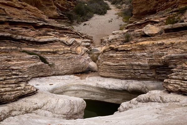 Rock strata and canyon with water in eroded depression on bedrock