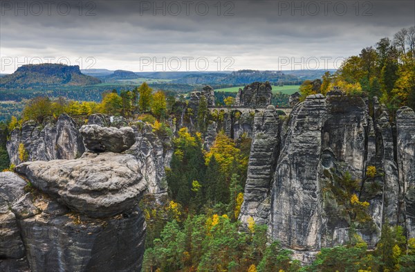 View from the rock Grosse Gans towards the Bastei with rock Wehlnadel